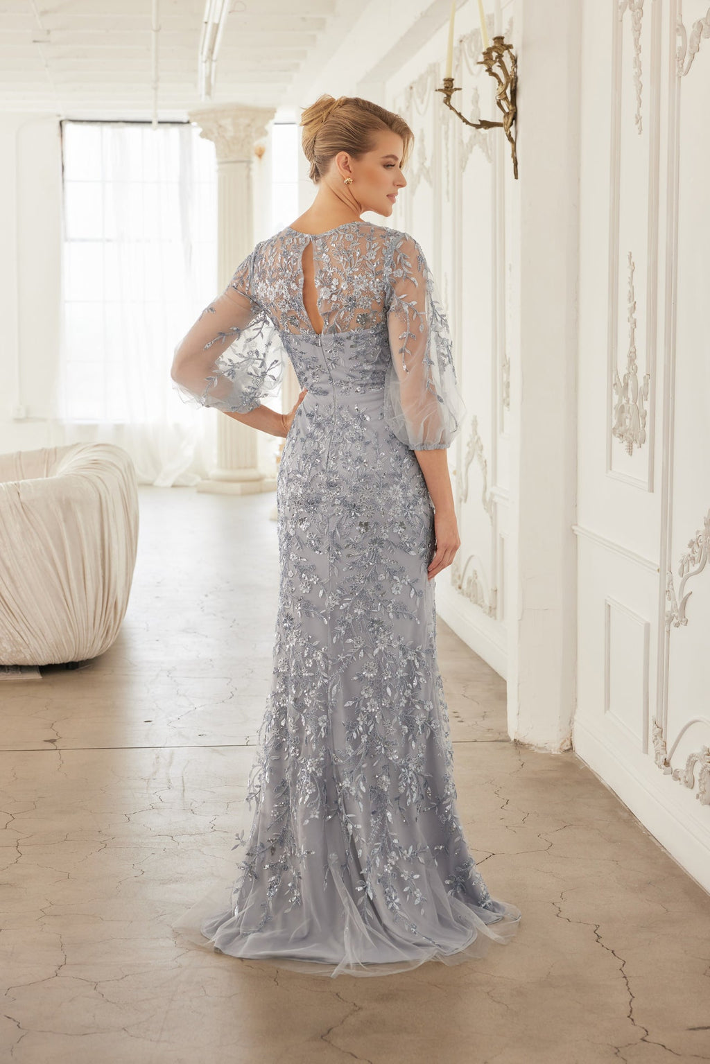 Sweetheart Jersey Sheath Mother of the Bride Gown with 3/4 Puff Sleeves and Floral Motif NXMT112