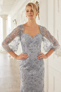 Sweetheart Jersey Sheath Mother of the Bride Gown with 3/4 Puff Sleeves and Floral Motif NXMT112