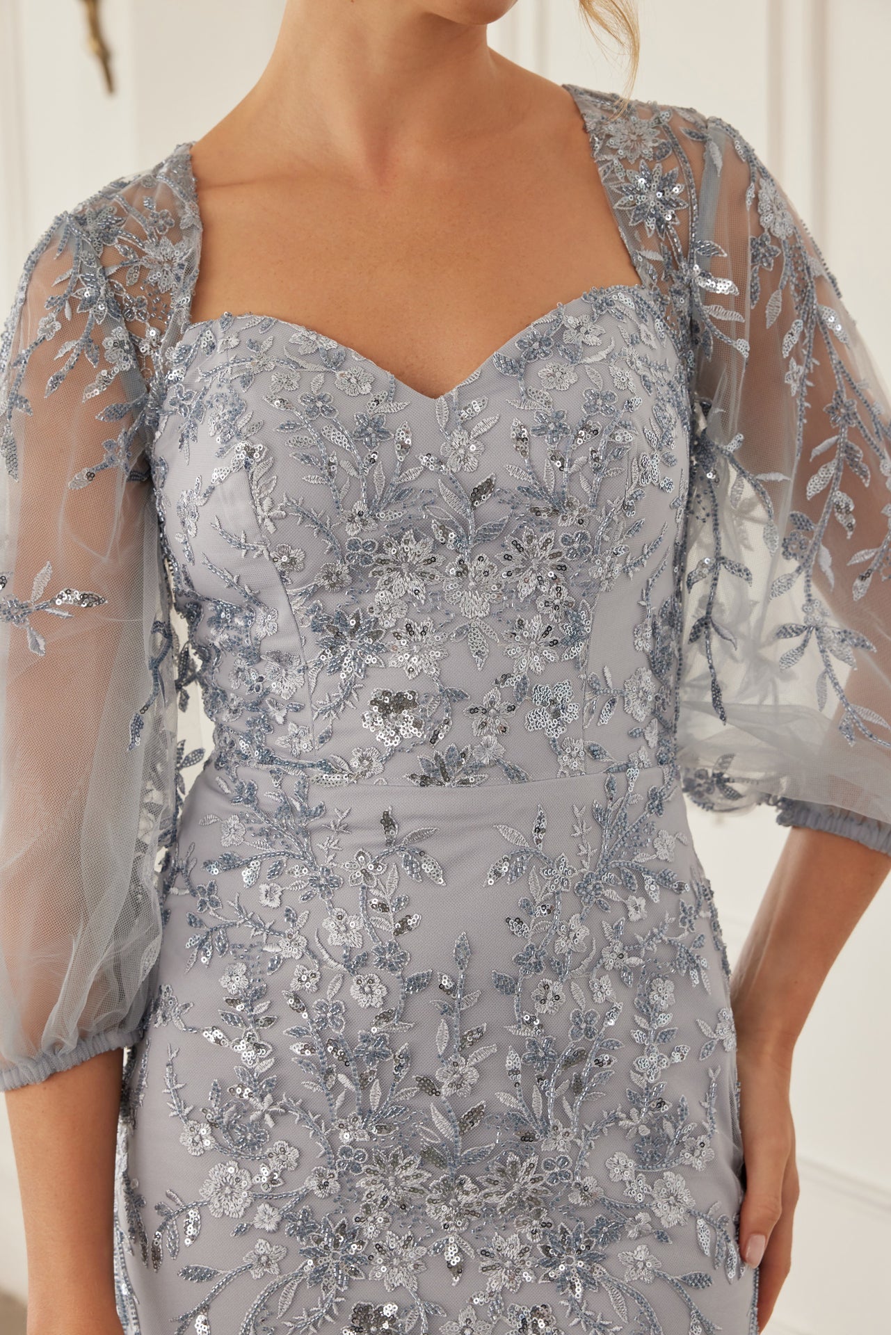 Sweetheart Jersey Sheath Mother of the Bride Gown with 3/4 Puff Sleeves and Floral Motif NXMT112