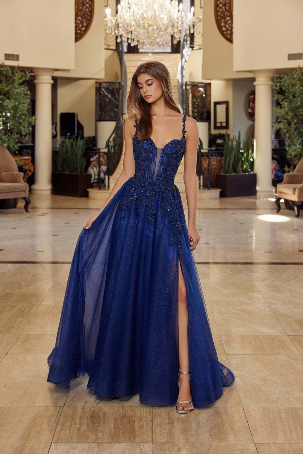 Regal Refined Shimmering Illusion plunging neck Gown for Evening Celebration NXR1824