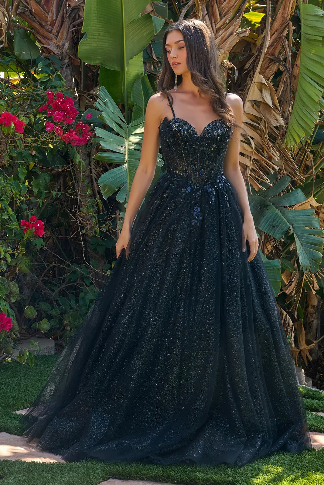 Spaghetti straps v neckline zipper back a line glitter underlayer dress with corset cover layer GLGL3750